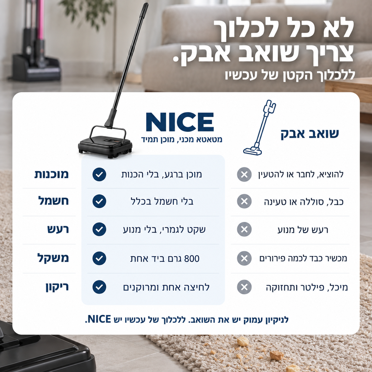 נייס® - מטאטא מכני לשטיחים ולרצפה | ניקיון מהיר בלי חשמל