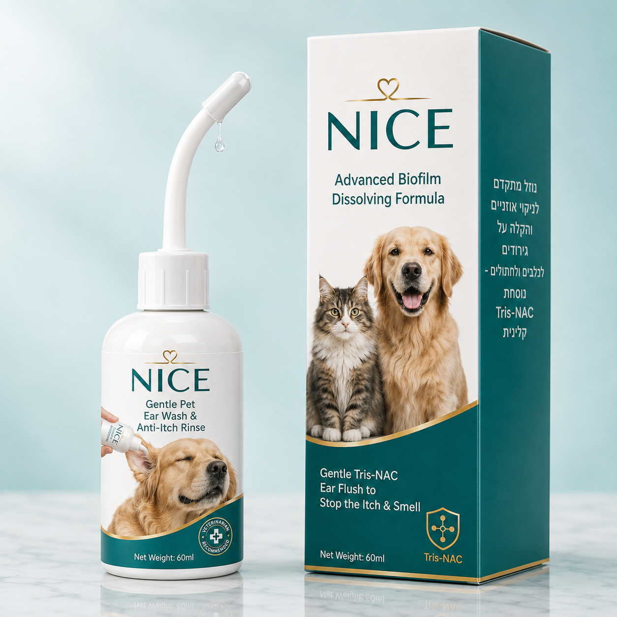 NICE - נוזל עדין לניקוי אוזניים והקלה על גירודים לכלבים ולחתולים